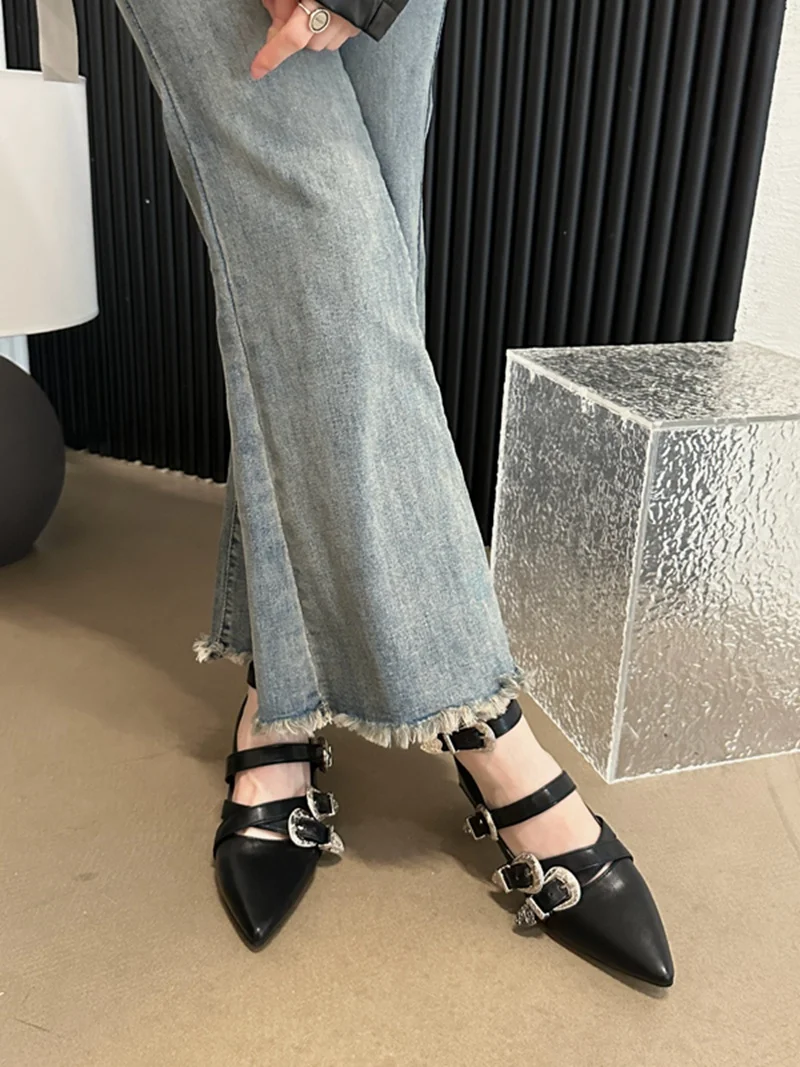 Pointed Toe Women Flat Loafers Belt Buckle Autumn Spring Women Fashion Party Pumps Black White Silver Loafers Shoes Low Heels