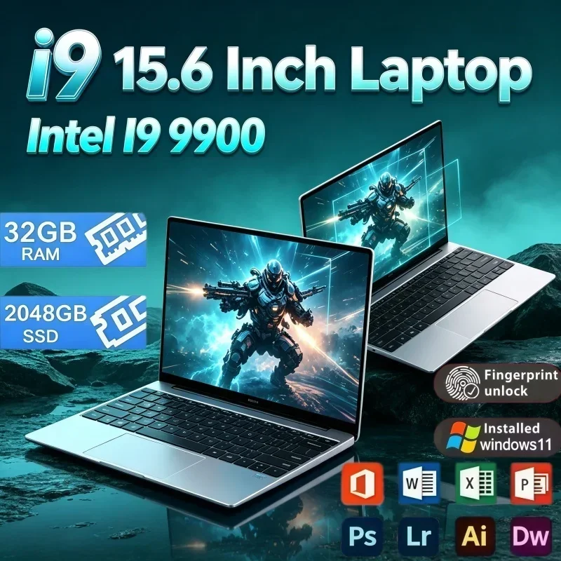 15.6 Inch Slim Notebook Computer Intel Core I9‑9900 32GB RAM 2TB SSD Laptop Built‑in WiFi For Travel Trip Daily Application