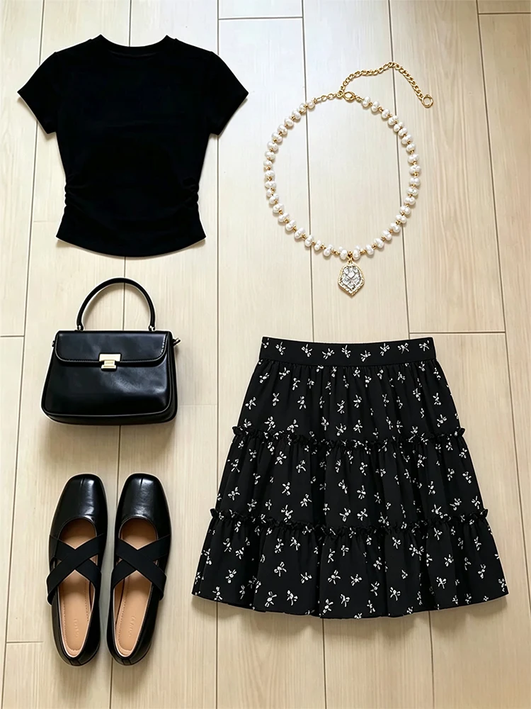 Sweet Small Size Summer Fashion Set for Women Floral Half Skirt Short Sleeve High Quality Sensation Clothing Student Uniform