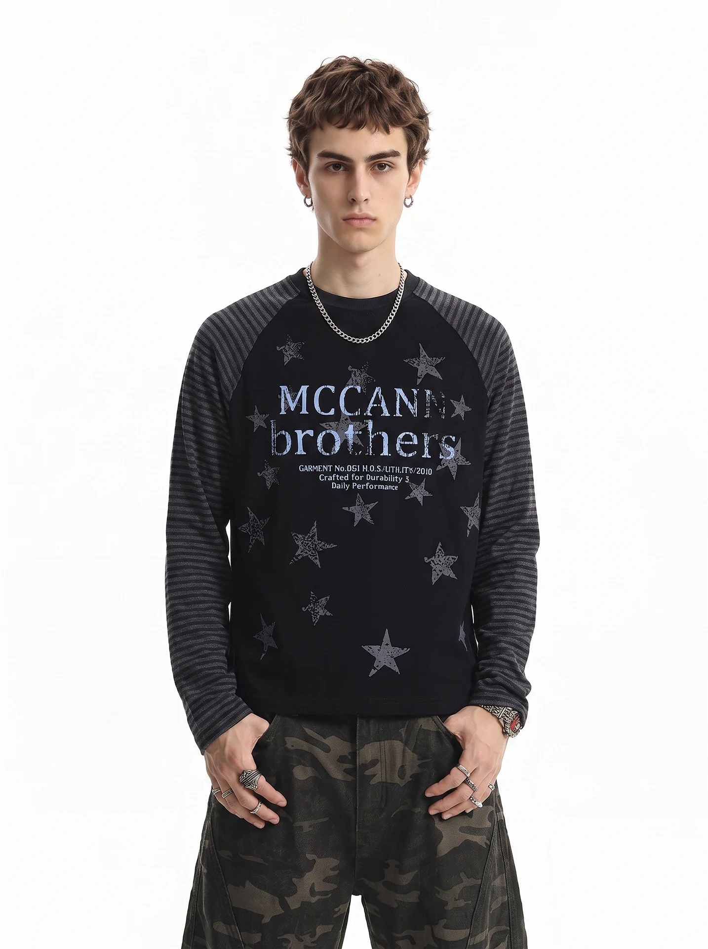 American High Street Subculture Print Striped Long Sleeve T-Shirt Men's Vintage Short Wide Boxy Top Youth Trend Home Daily Co...