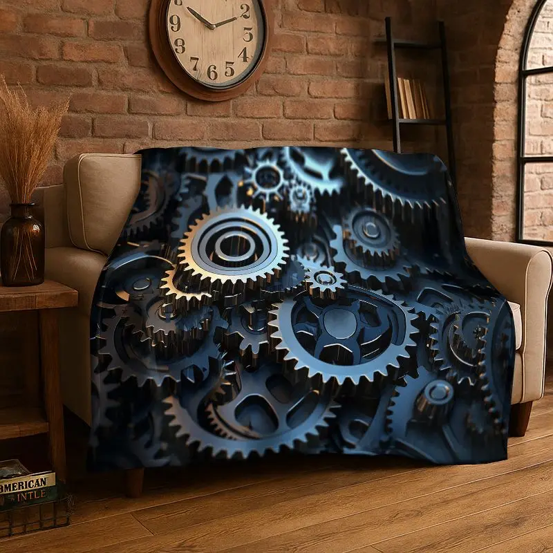 Retro Gears Mechanical Cogs Flannel Blanket Soft Warm Throw Blanket for Bedroom Living Room Bed Travel Camping Picnic Cover Gift