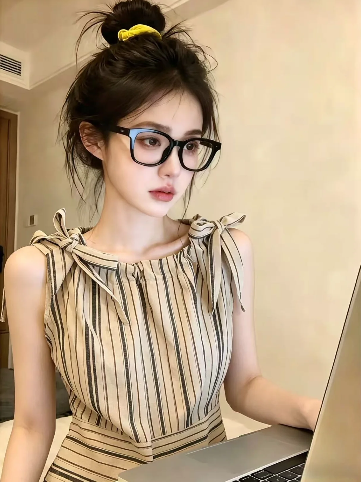 Summer New Gentle Style Women's Sleeveless Strap Vest Self-kept Checkered Belted Top Korean Version Slim Fit round Neck Short...