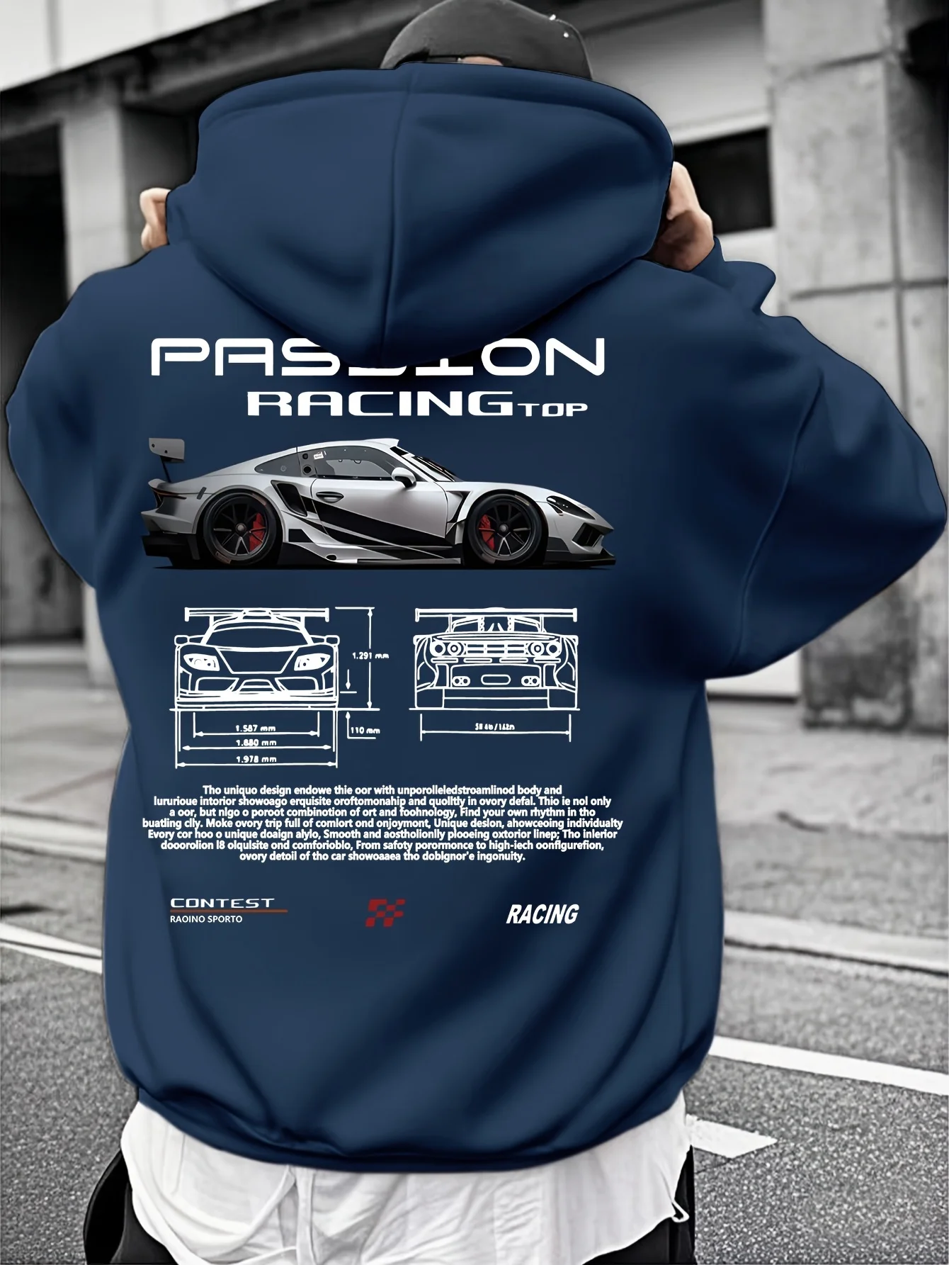 سترة بغطاء للرأس بنمط السباق للرجال للخريف والشتاء كاجوال "الهندسة الدقيقة" مطبوعة تصميم سيارة باللون الأزرق الداكن ثلاثي الأبعاد