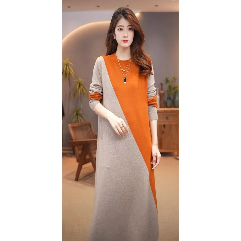 2023 New Knitted Dress Women's Autumn Versatile Color Matching Cashmere Skirt Korean Loose Fit Casual Sweater Vestidos