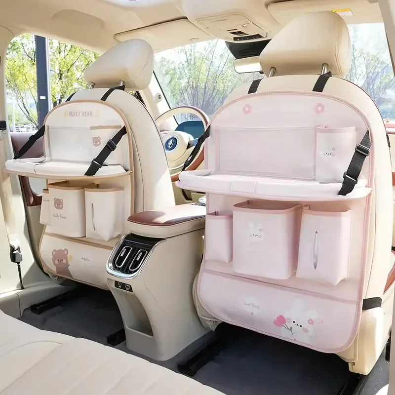 Leather Deluxe Car Seat Back Organizer Multi-Function Storage Foldable Dining Table Tray Anti-Kick Pad Decorative