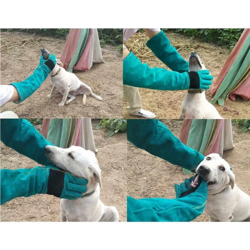 1 pair Double Layer Construction Animal Handling Gloves Outer Cowhide Leather Inner Canvas Lining Forearm Protection Gloves