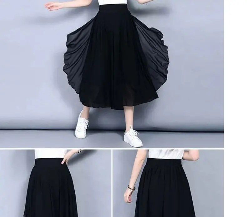 Elastic High Waist Slim Elegant Chiffon Capris Female Pants Skirts Women Summer Wide Leg Medium Long Leisure Loose Trousers