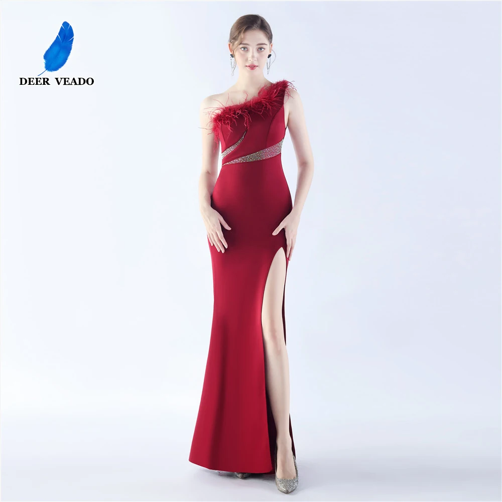 

DEERVEADO Soft Satin Long Evening Dress Women's One Shoulder Slit Party Maxi Dress with Feathers Slit Special Occasion Dresses