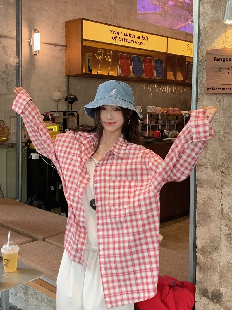 

Casual Blue Plaid Collar Long Sleeve Loose Women's Shirt Outerwear Summer Slimming Effect Comfortable Breathable Outerwear