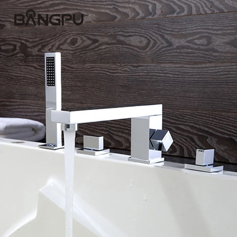

Contemporary 4 Hole BathTub Faucet Combo with Handheld Shower Deck Mounted Bathroom Tub Faucet Set with Hand shower Chrome