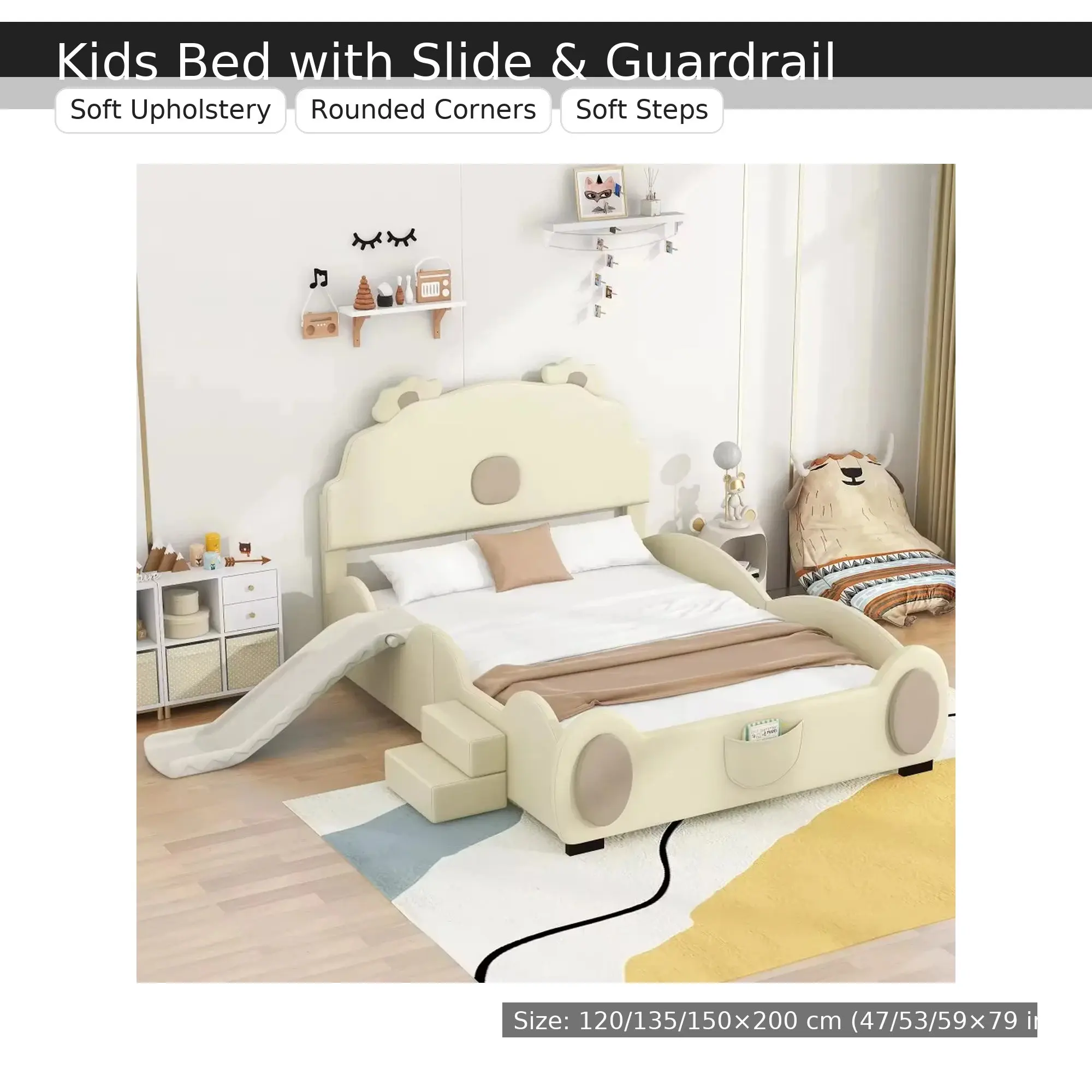 Children's soft mattress with slide and steps - bear ear headboard, safety guardrail, soft PU, children's bedroom child bed