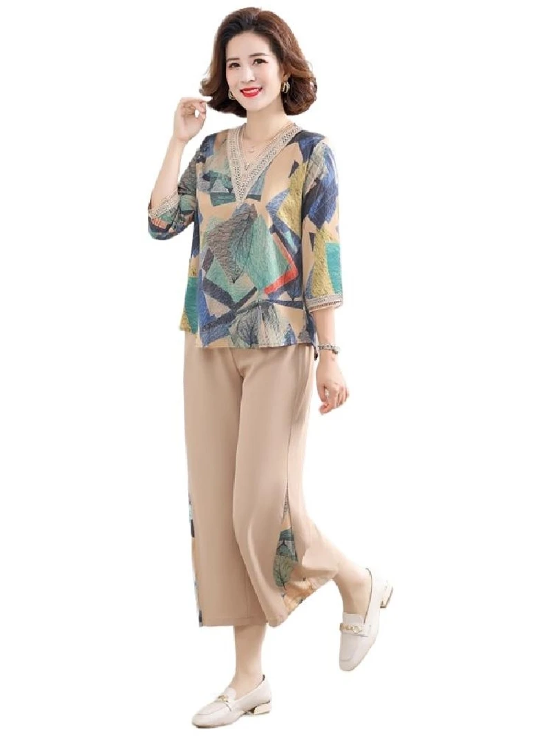 Estate New Sle Mommy Set in due pezzi Gonna midi e camicetta V-Ne Casual Loose Fit Regular Sve Lunghezza Modello vintage