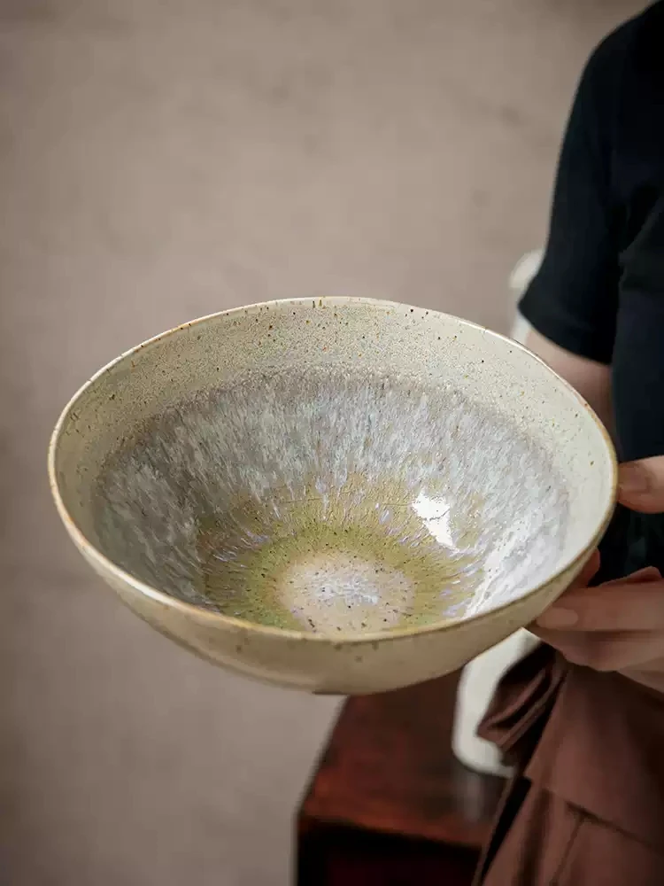 7.5 Inch Irregular Speckled Ceramic Salad Bowl 900ML Reactive Glaze Wide Noodle Soup Bowl Dishwasher Safe Home Tableware