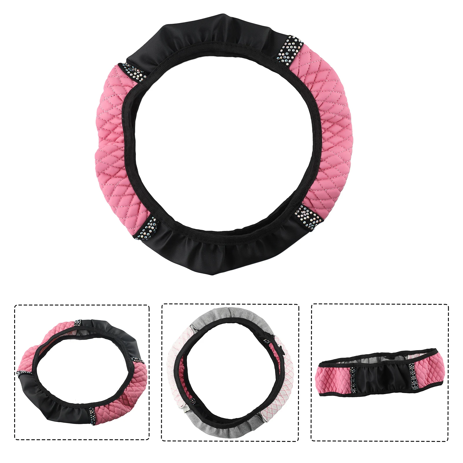 1Pc Car Pink PU Leather Diamond Car Steering Wheel Cover Protective 38cm Steering Covers Ice Silk Steering Cover Accessories