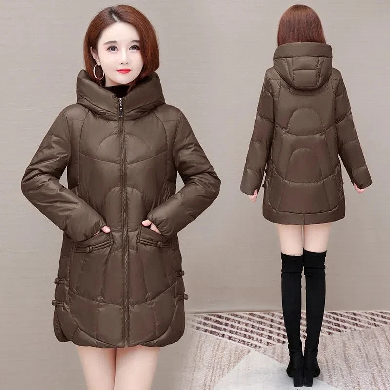 Fashion Duck Duck Down  Women's 2022 Winter New Button High-end Loose Slim Fit Warm Hooded Pocket  Women's Tide 5XL