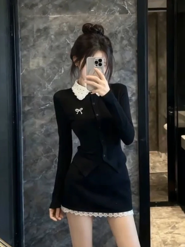 

Slimming High Waist Knitted Long Sleeve Doll Collar Top And Half Skirt Two Piece Set for Women Spring Autumn Fashion Set