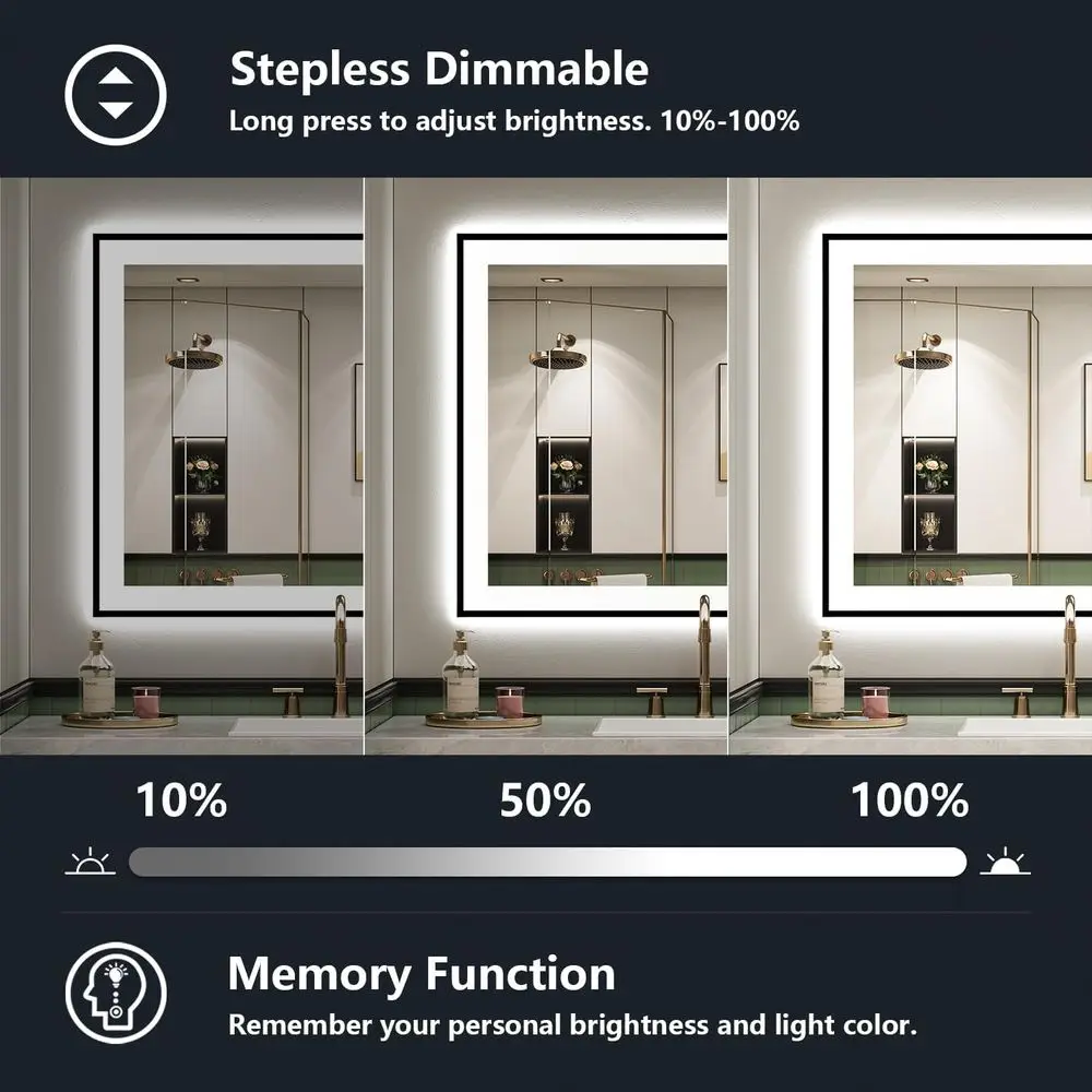 مرآة حمام مضيئة بإضاءة LED، 28 × 36، إطار أسود، قابلة للتعتيم، مضادة للضباب، زجاج مقسى، قابلة للتركيب على الحائط #4
