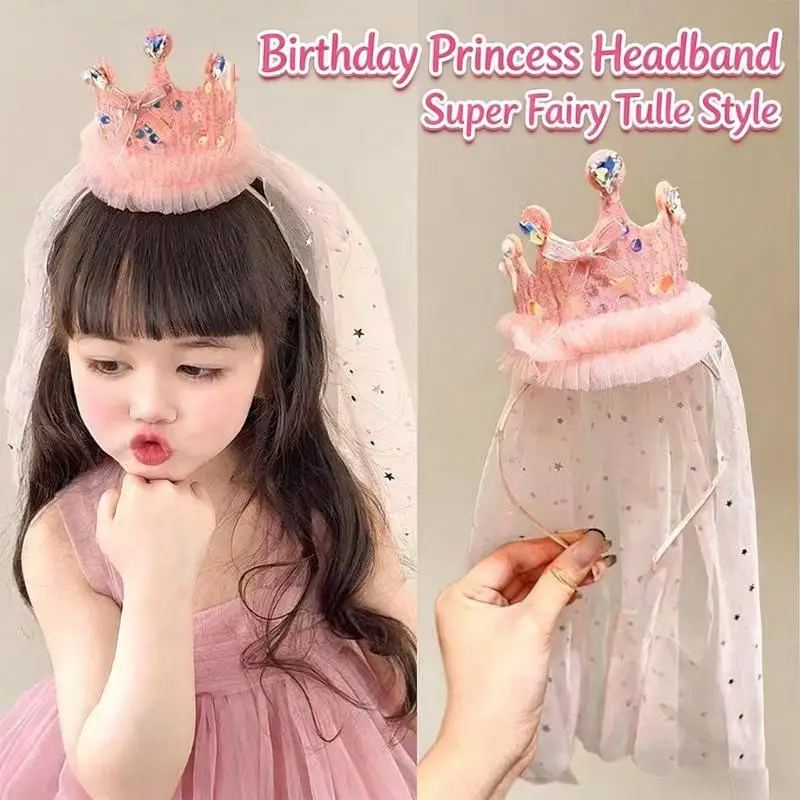 

P9FE Стильный праздничный головной убор для девочек со стеклянными стразами и тюлевой тканью