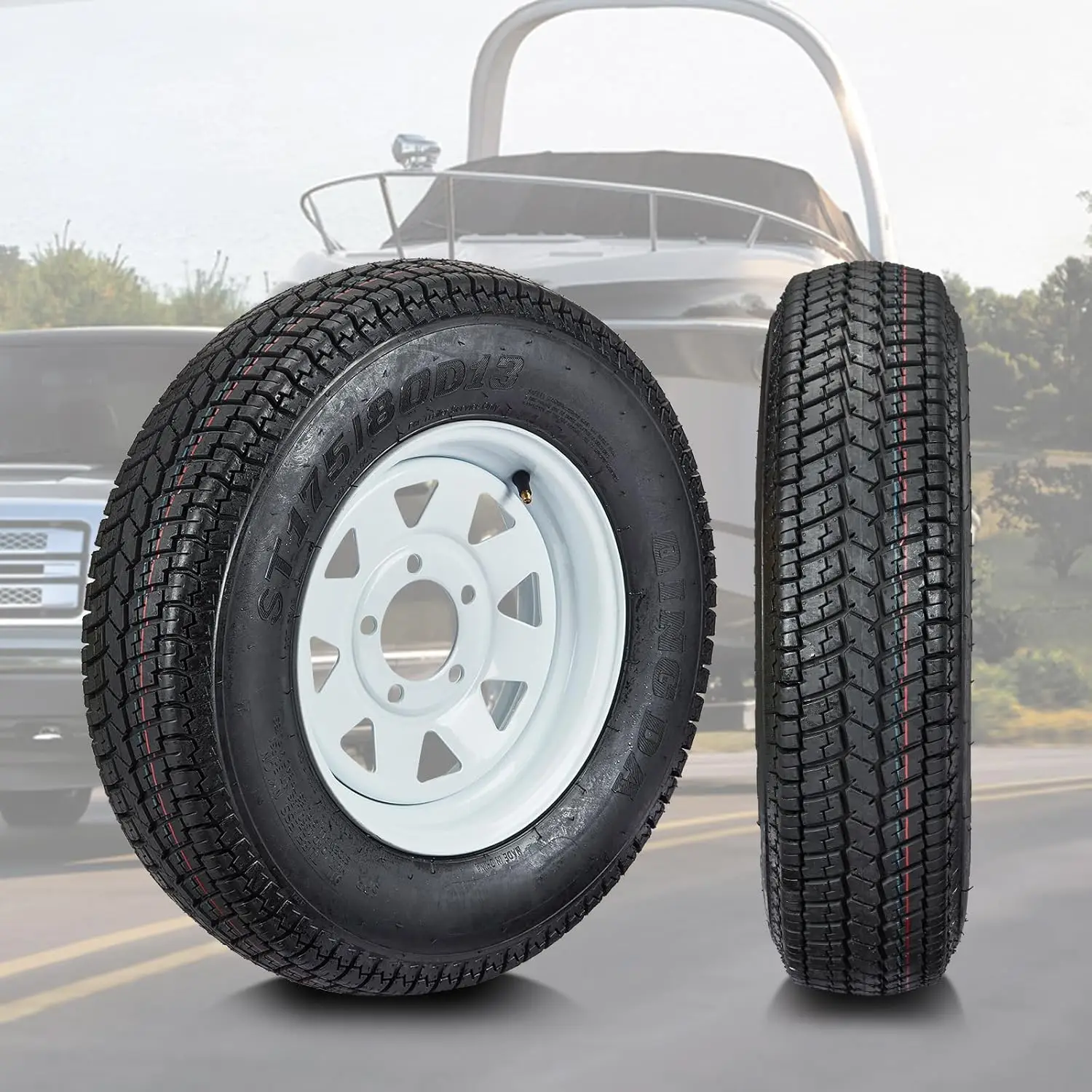 2-Pack Trailer Tires On Rim ST175/80D13 175 80 13 Load Range C 5-Lug White Spoke Wheels Heavy Duty Utility & Boat Trailer Tires