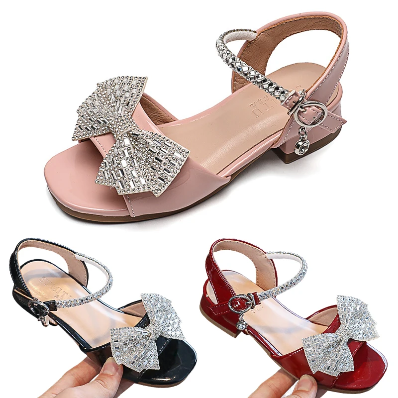 Fashion Girls Shiny Bow Tie Princess Sandals Pageant Girl Breathable Soft Sole Anti-slip Formal Occasion Elegant Children Shoes