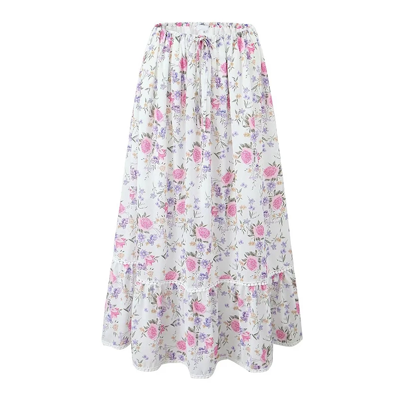 YENKYE 2024 Women Sweet Floral Print Boho Long Skirt Vintage Drawstring Waist A-line Holiday Summer Skirts