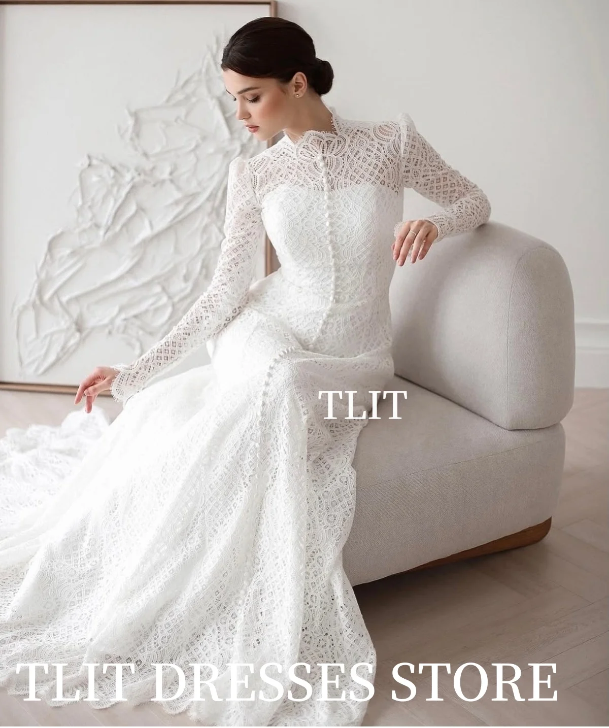 فساتين زفاف حورية البحر من الدانتيل الفاخر من TLIT مخصصة برقبة دائرية وأزرار زفاف وأكمام طويلة من الدانتيل زي العرائس
