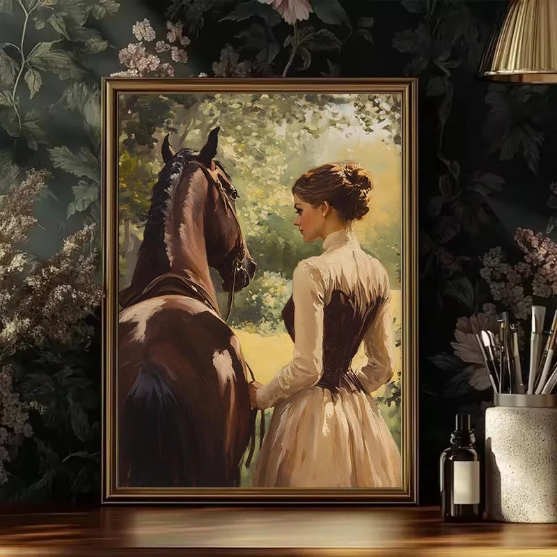 Vintage Romantic Equestrian Noble Woman Countryside Horse Riding Scene Poster Canvas Painting Wall Art Pictures Home Decor