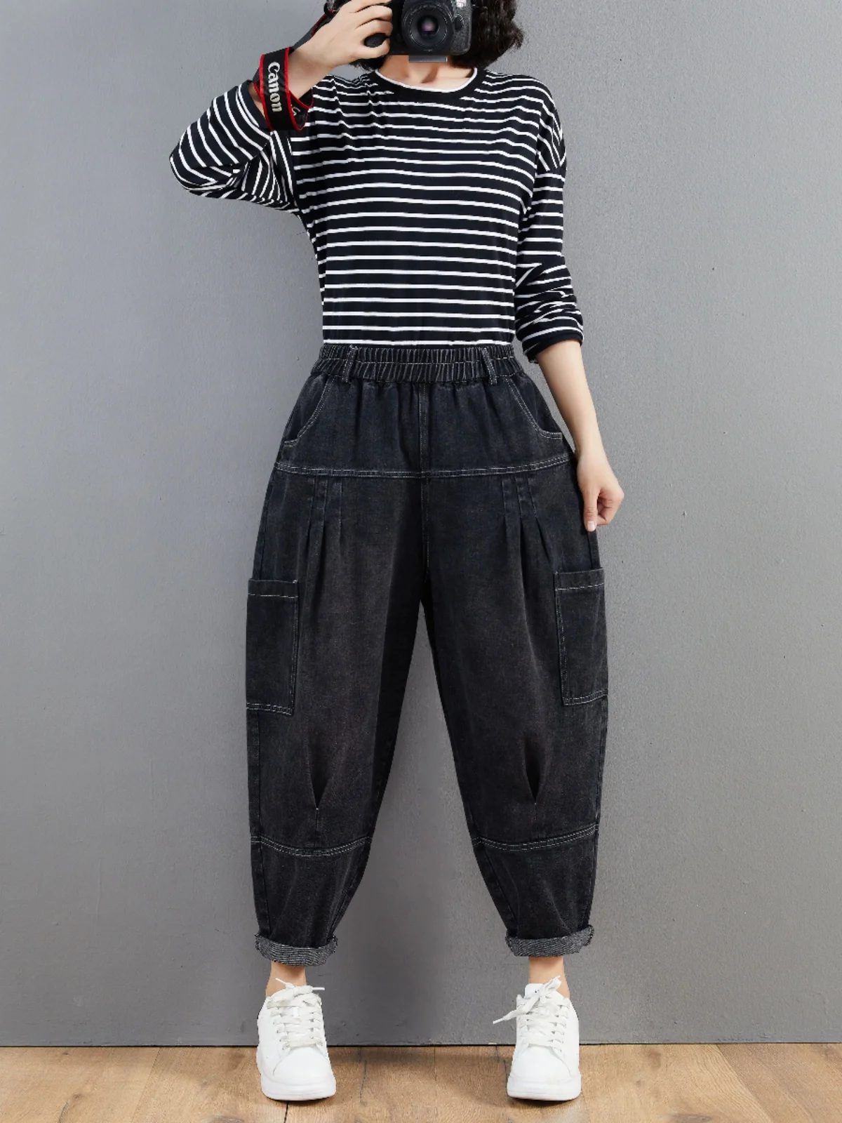 

Женские джинсы больших размеров, свободные весенние джинсовые брюки с капустой, длинные брюки с высокой талией, Harlan Sle, утягивающие эластичные талии, художественные