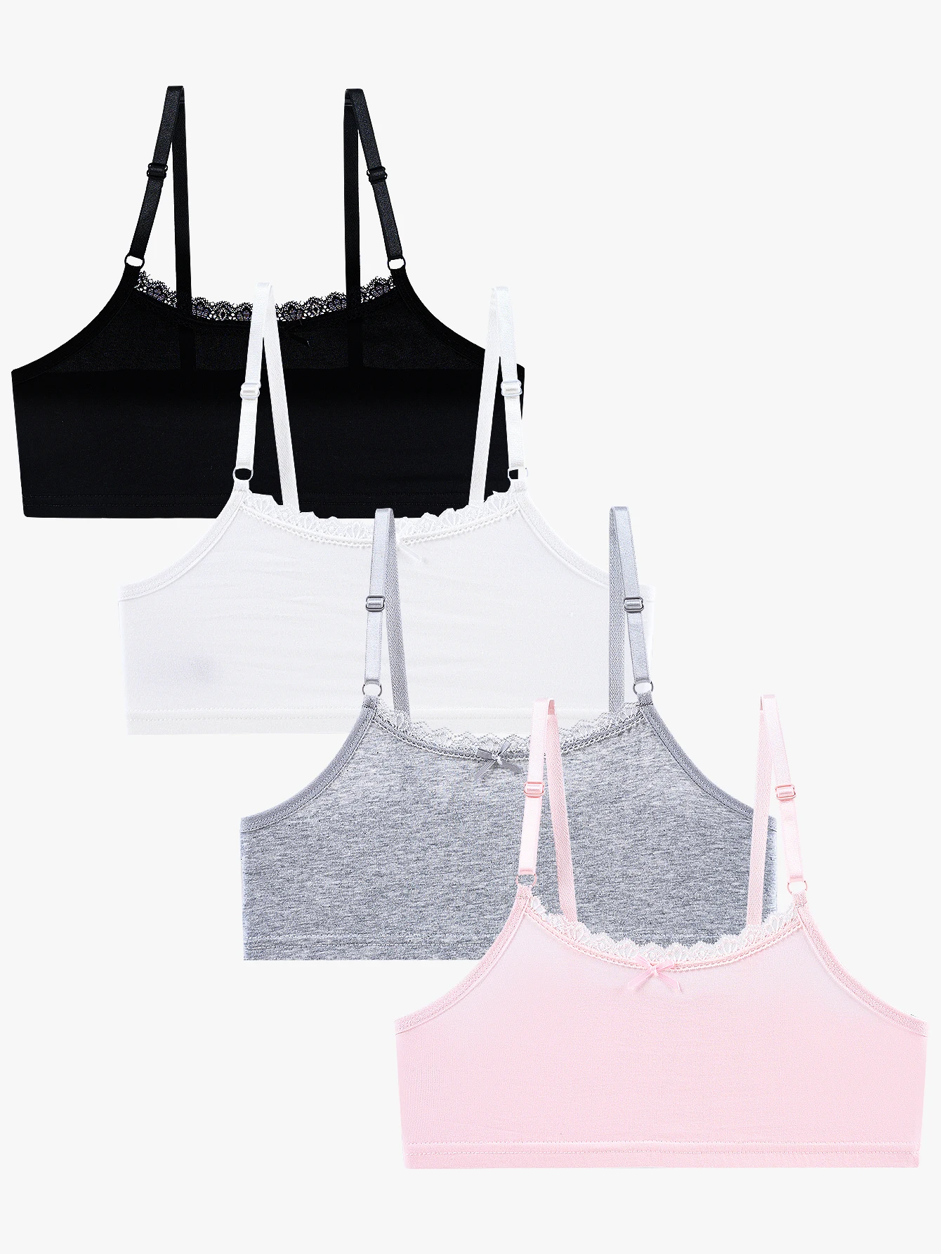 4-piece set of girls' training bras, teenage bras, wireless puberty bras with lace trim, adjustable straps, soft and comfortable