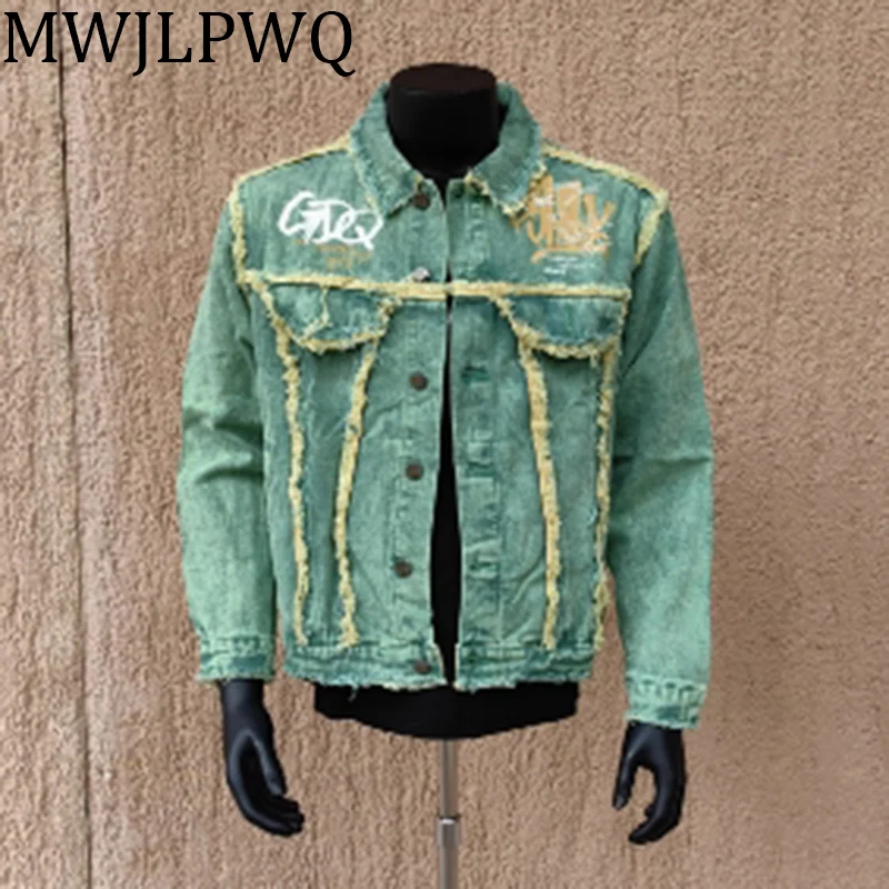 

MWJLPWQ Laple Rough Edge Niche Design Green Denim Jacket Men's High Street Single Breasted Hiphop Hamdsome Loose Tops 010763