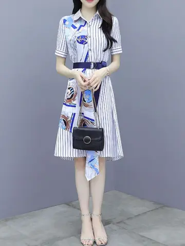 미디 스트라이프 반팔 스플라이싱 셔츠 드레스 여성용 시크하고 우아한 예쁜 패션 여름 2025 여성 드레스 프로모션