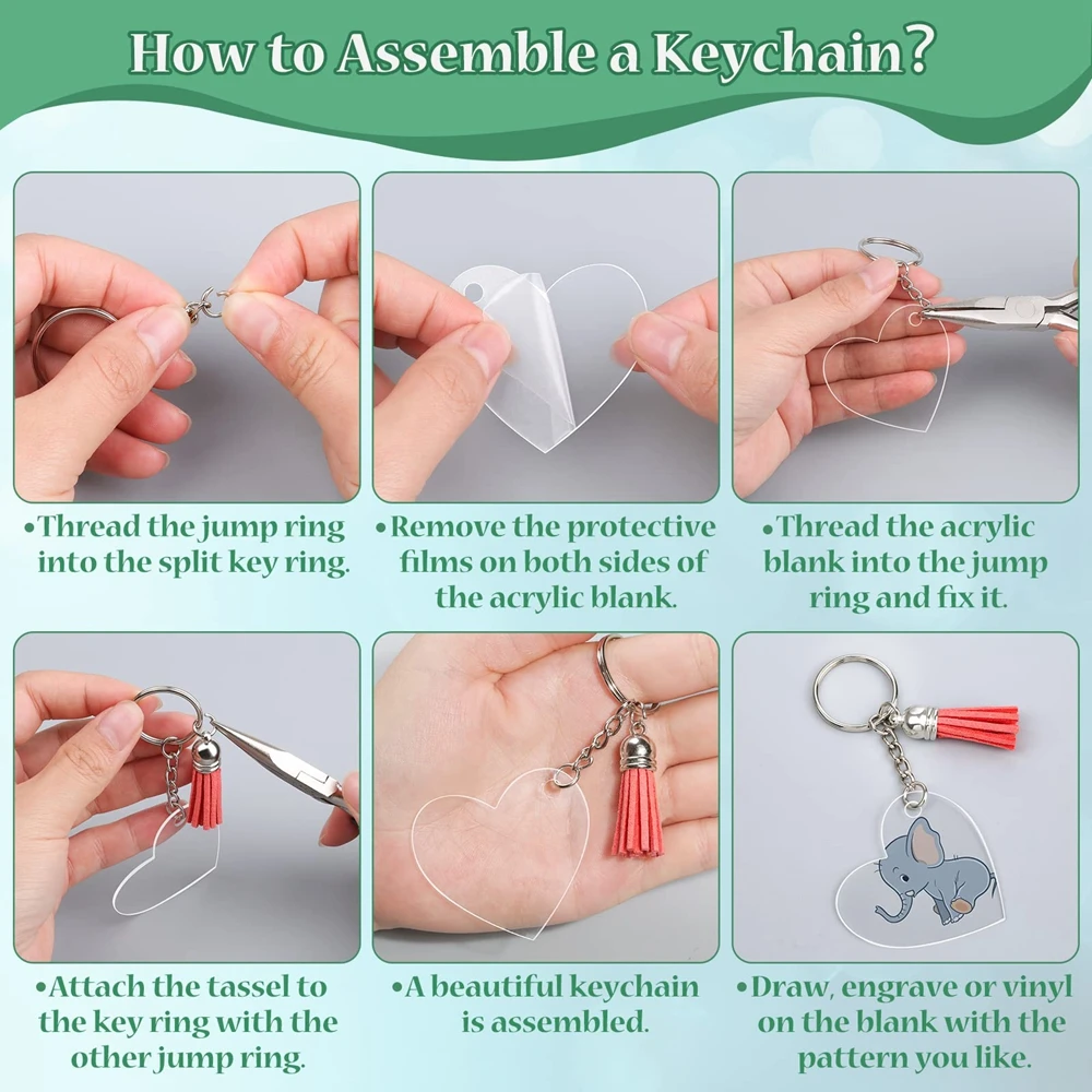60PCS Clear Acrylic Keychain Blanks 6 Shapes Acrylic Blanks Leather Tassel Charms Key Chains Jump Rings for DIY Craft