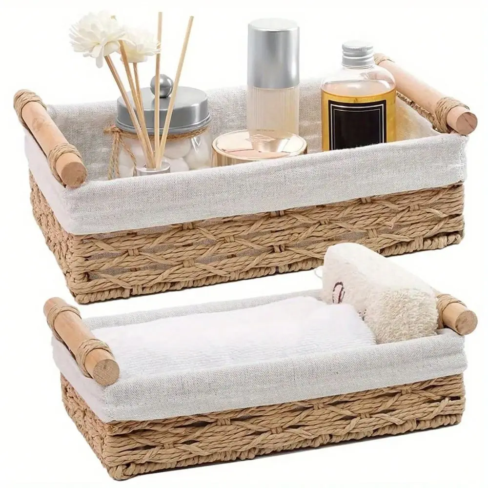Set Of 2 Storage Basket Wicker Baskets For Organizing With Handle Decorative Storage Bins For Countertop Toilet Paper Storage Basket For Toilet Tank Top Small Baskets Set, Bathroom Decor And Accessories, Kitchen Essentials, Room Decor