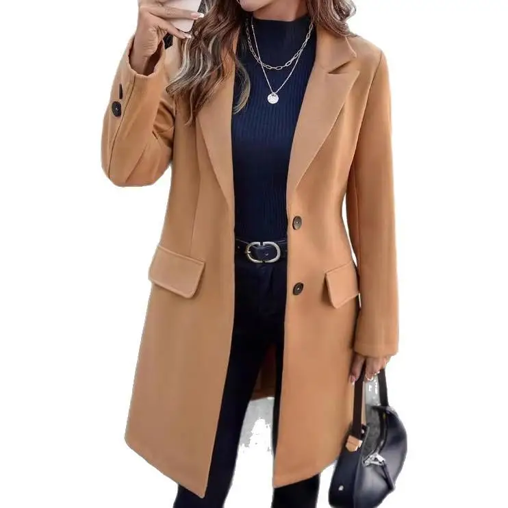 Ele Faionable Wełniany Płaszcz Damski Długi Jednorzędowy z Klapami Średniej Długości Casualowa Odzież Wierzchnia Jesień Zima Damska F...