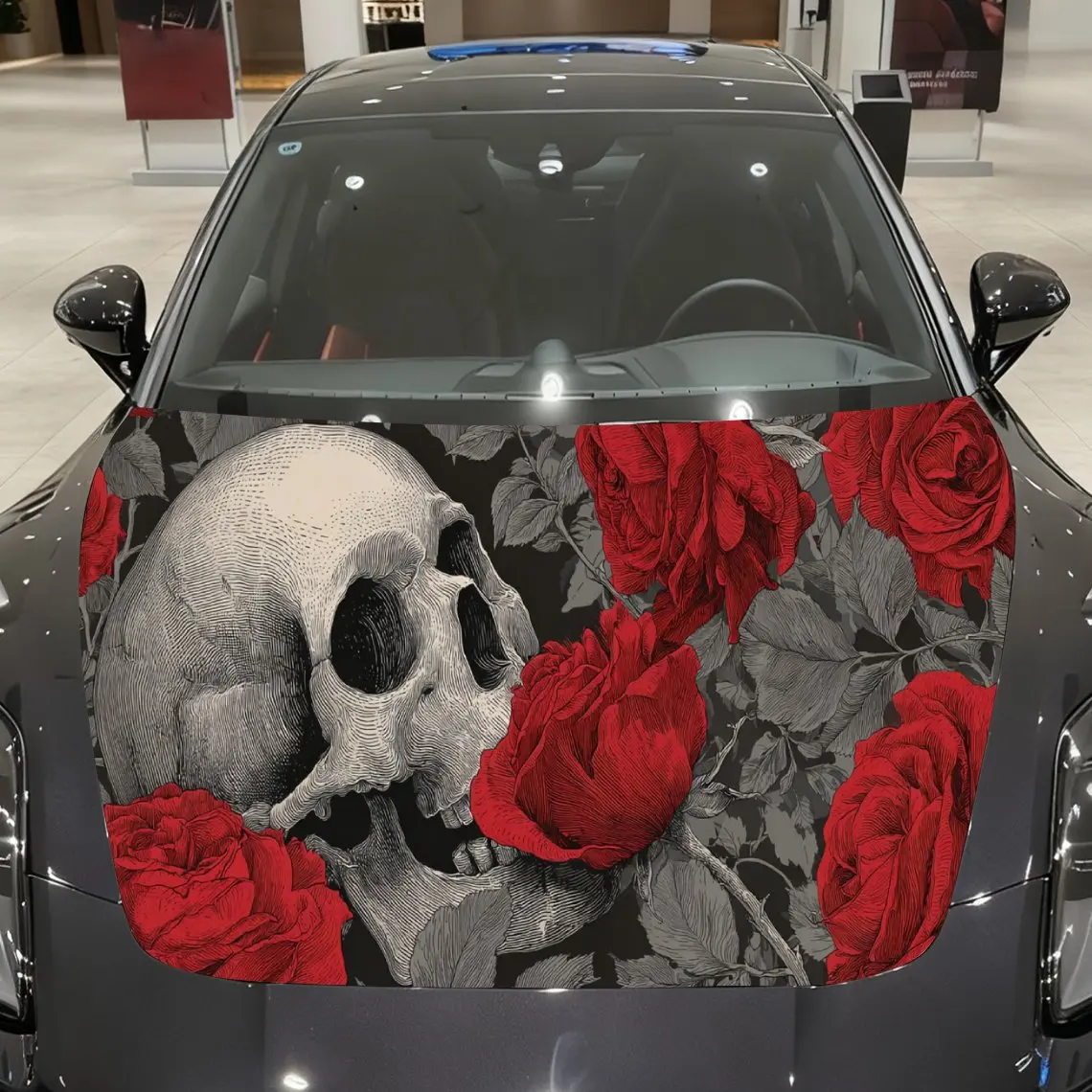 

Enchanting Red Rose Skull Pair Car Cover Sticker, Auto Hood Decal, Car Exterior Scratch Resistant Decal, Trendy Gift for Car Lov