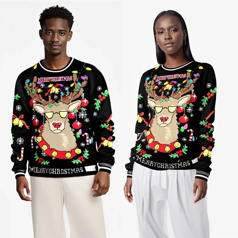 Men Women Llama Ugly Christmas Sweatshirt 3D Funny Print New Year Eve Xmas Sweater Couples Pullover Holiday Party Jumper Tops