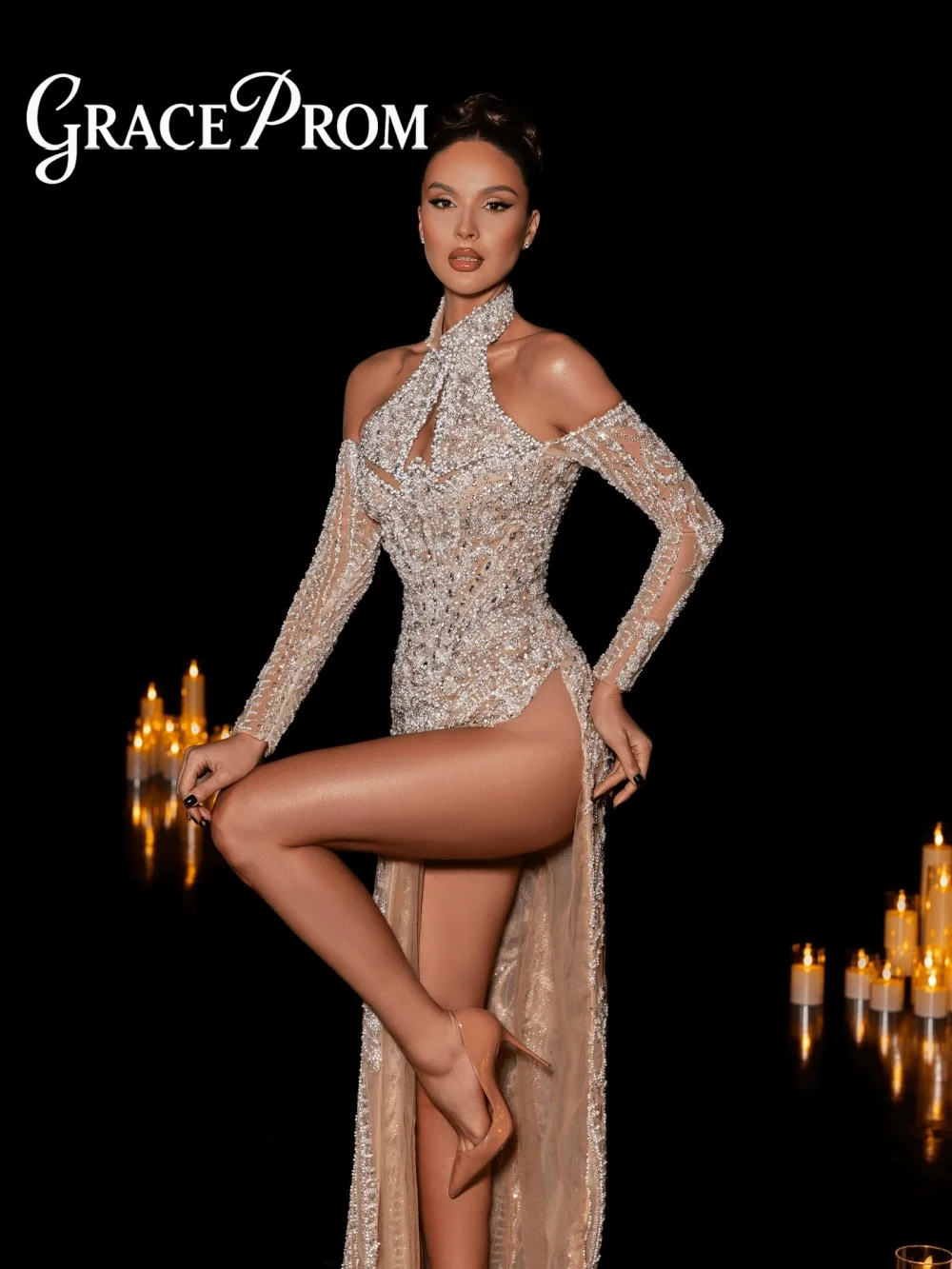 

GraceProm Halter Neck Block Evening Dress 2026 Silver Crystal Beaded Black Sequin Gown Floor-Length Party Gown robes de soirée