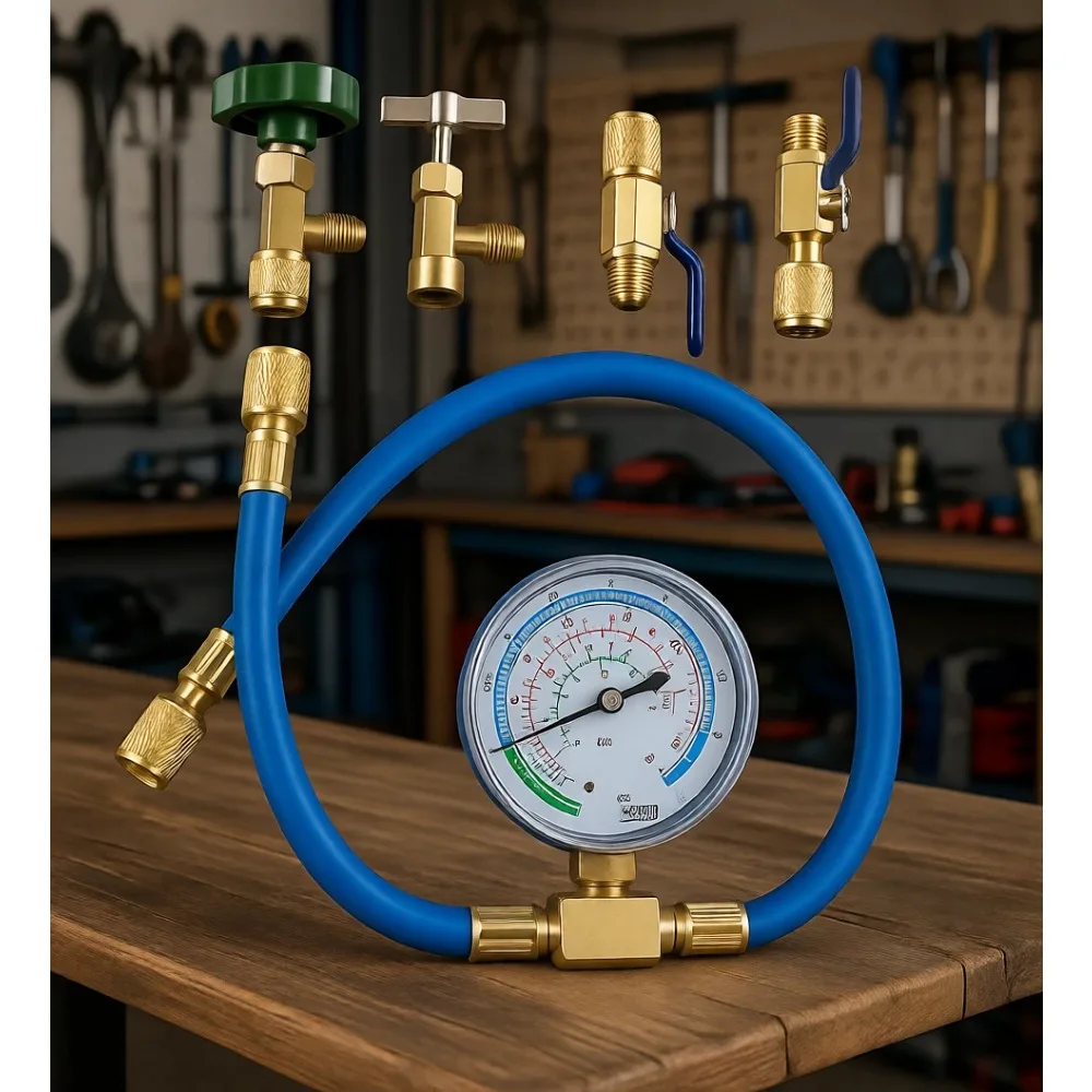 

Refrigerant Charging Hose and Gauge Set with Can Tap and Shut Off Valves for R290 and R600A