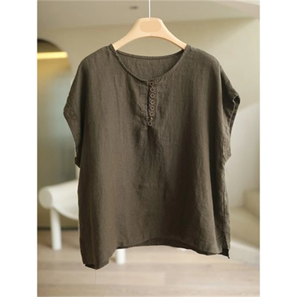 Summer Sweat-absorbent Breathable Linen Blouse Ladies Loose Casual Short Sleeve T-shirt Women Daily Chinese Style Pullover Tops