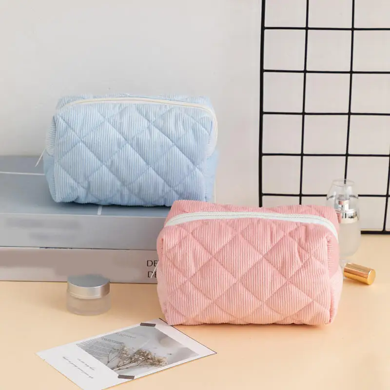 

Large Capacity Corduroy Cosmetic Bag Plaid Lipstick Storage Bag Quilted Cotton Headset Data Cable Storage Makeup Case Bag