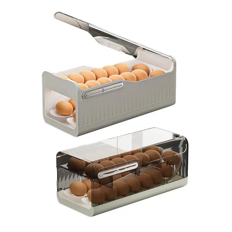 Automatic Egg Rolling Dispenser 2 Tiers Rolling Transparent Egg Container Stackable Fridge Organizer Bins With Lid Large Capacit