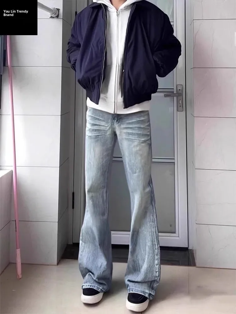 

American Retro Blue Lightning Pattern Men's Jeans Winter Extended Version Fleece High Waist Straight Narrow Micro Flared Pants