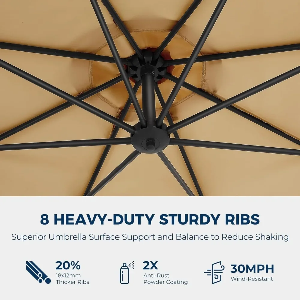 10ft offset terrasparaplu met basis, cantilever offset hangende terras buitenmarktparaplu UPF50+ UV-bescherming met gemakkelijke kanteling