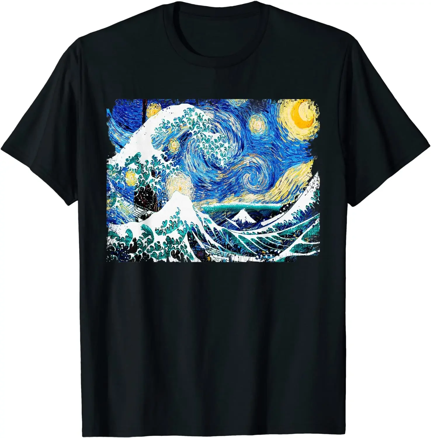 Starry Night and Great Wave Van Gogh Art Painting T Shirt T-Shirt Cotton Men Tops Tees Printed Top T-shirts Custom Fitted