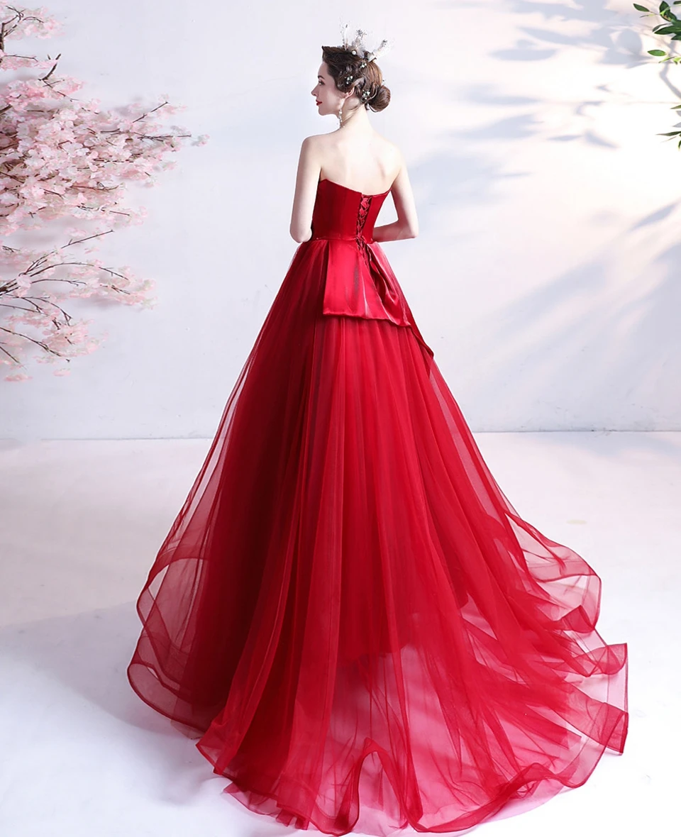 Magnifique bordeaux sans manches Tulle plissé longue formelle fête robes De bal pour les femmes à lacets dos longueur De plancher robes De Festa