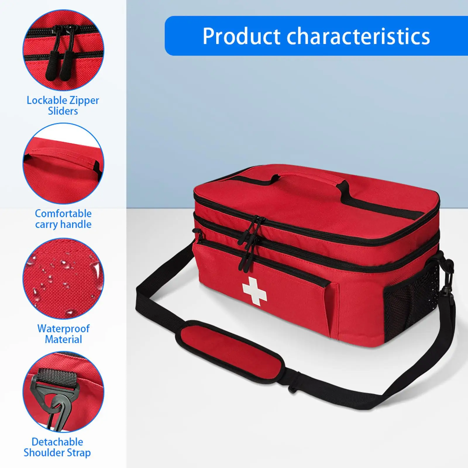 حقيبة الإسعافات الأولية منظم الزجاجات المحمولة باللون الأحمر لمكتب المشي لمسافات طويلة في حالات الطوارئ