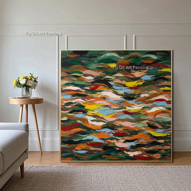 Abstract Color Stroke Canvas Painting, Bright Multicolored Thick Impasto Texture Art, Hand Painted Square Wall Art