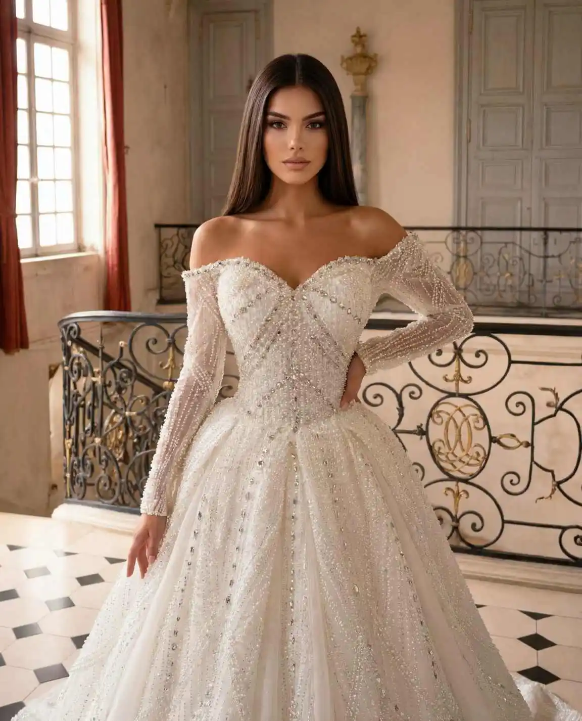 Princess Beaded Ball Gown Wedding Dresses Long Sleeve Off Shoulder Bridal Gowns Crystals Vestidos De Novia Customized