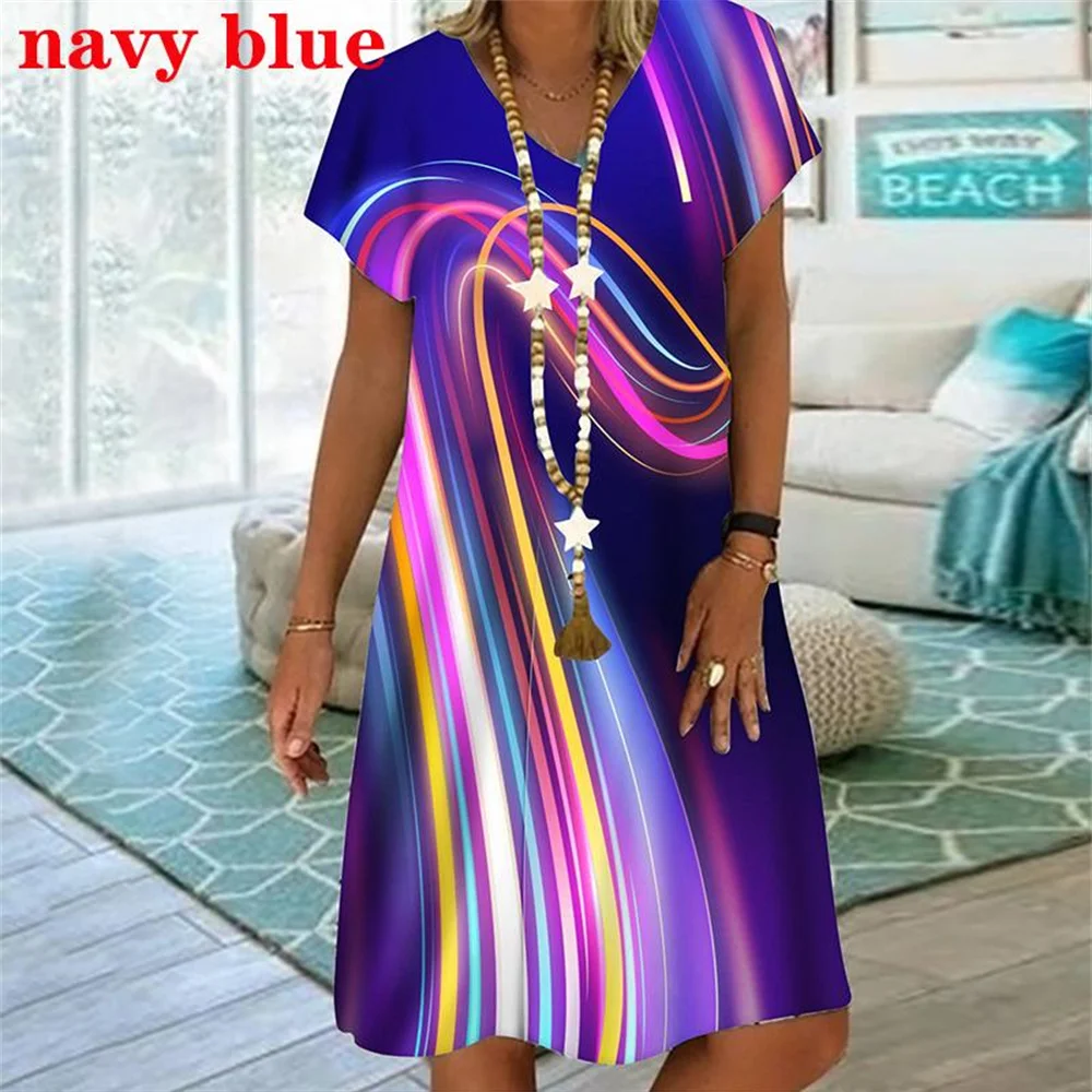 New Rainbow Striped 3D Print Women Dress Elegant Sweet Casual V-Neck Short Sleeve A-Line Dress Summer Fashion Oversized Clothing