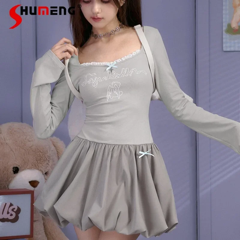 

2024 Autumn New Japanese Style Sweet Cute Princess Grey Color Knitted Dress Skinny Bud Dresses Slimming Vestidos De Mujer 2024